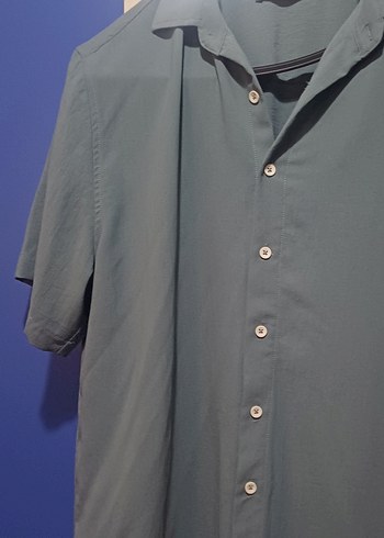 Gri turkuaz Yaka Düğmeli Erkek Kısa Kollu Gömlek - Görsel 4