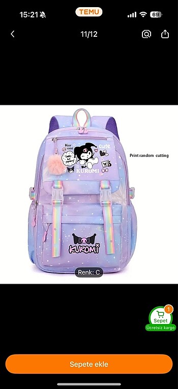 Kuromi okul çantası