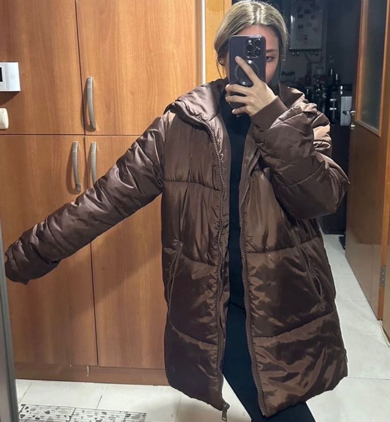 Kahverengi Kapüşonlu Kadın Kışlık Mont - Görsel 2