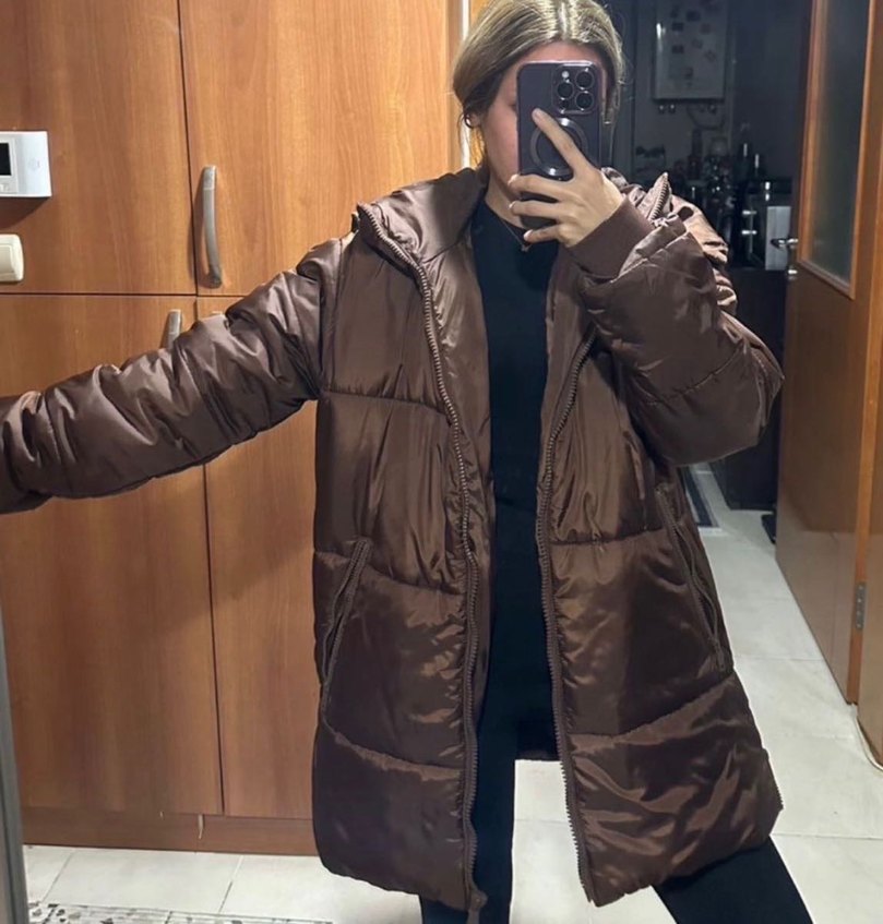 Kahverengi Kapüşonlu Kadın Kışlık Mont - Görsel 3