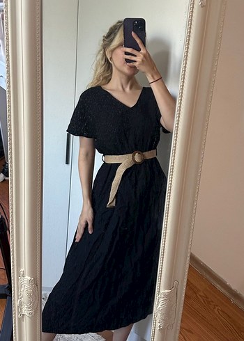 s Beden Kemerli Siyah Uzun Keten Elbise