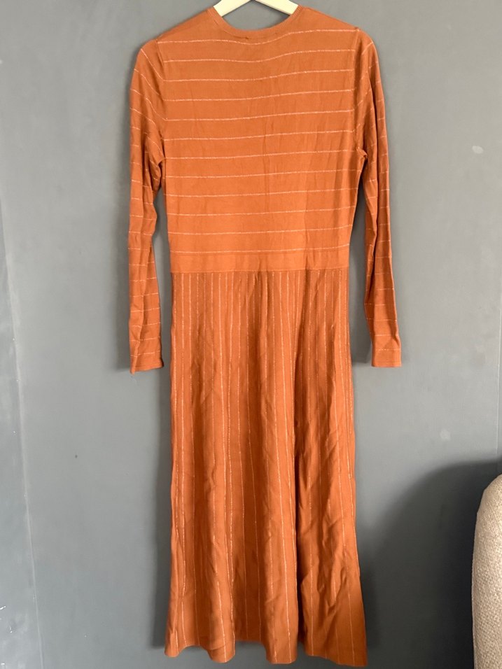 Düğmeli V Yaka Uzun Kollu Bohem Elbise - Görsel 3