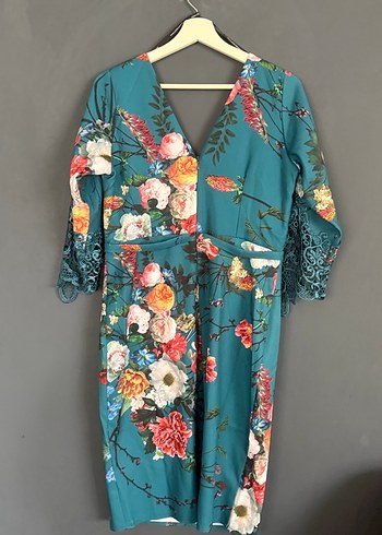 Dantel Detaylı Turkuaz Çiçekli Bohem Kimono - Görsel 3