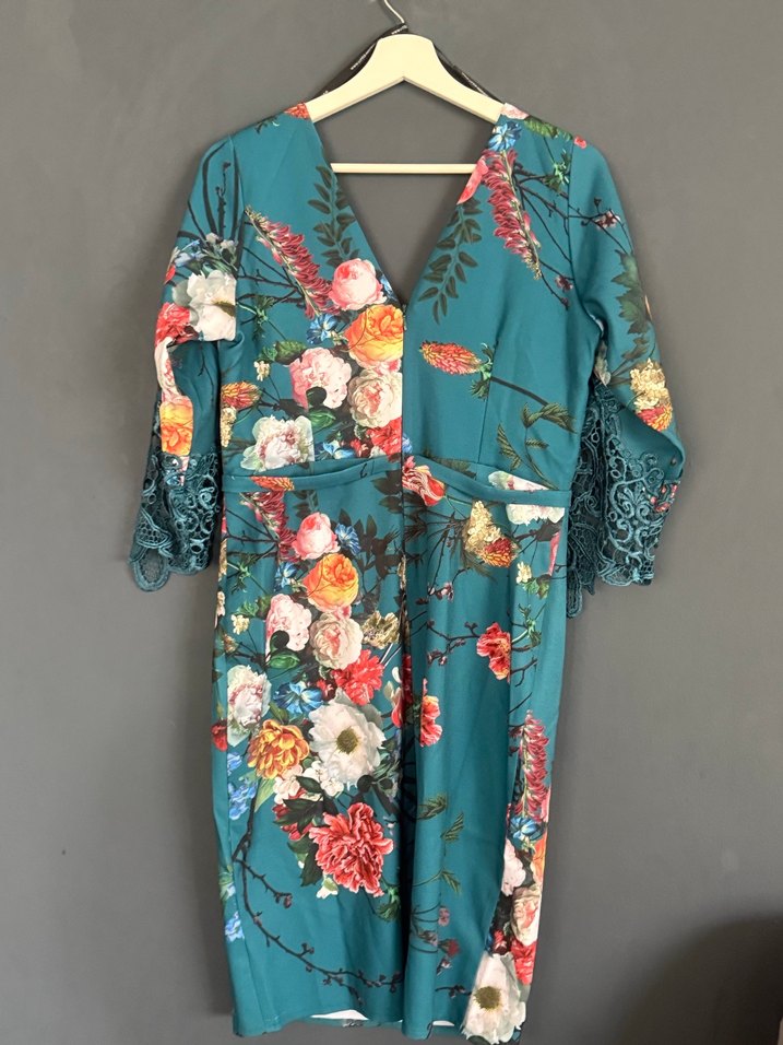 Dantel Detaylı Turkuaz Çiçekli Bohem Kimono - Görsel 3