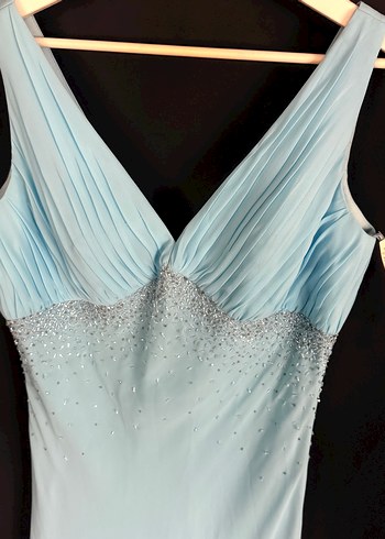 Turkuaz Drapeli V Yakalı Uzun Abiye Elbise - Görsel 2