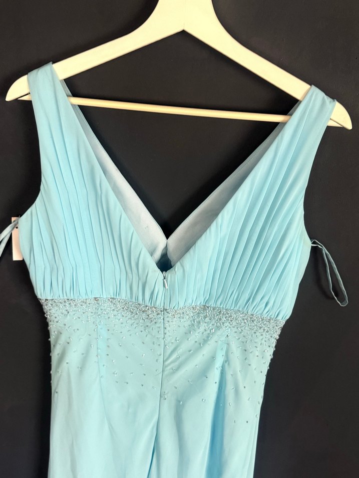 Turkuaz Drapeli V Yakalı Uzun Abiye Elbise - Görsel 4