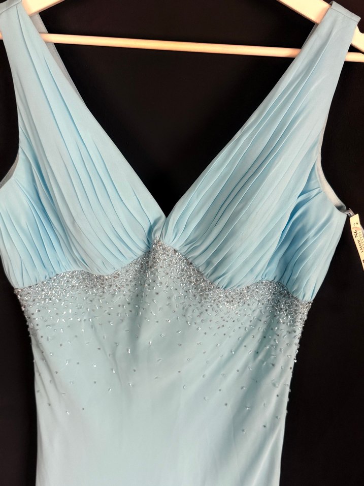 Turkuaz Drapeli V Yakalı Uzun Abiye Elbise - Görsel 2