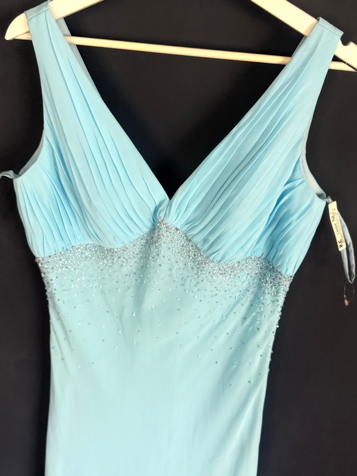 Turkuaz Drapeli V Yakalı Uzun Abiye Elbise - Görsel 3