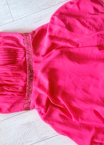 Pembe Pilili Askılı Midi Abiye Elbise - Görsel 4