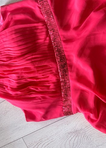 Pembe Pilili Askılı Midi Abiye Elbise - Görsel 7