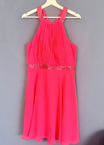 Pembe Pilili Askılı Midi Abiye Elbise - Görsel 2