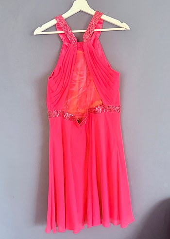 Pembe Pilili Askılı Midi Abiye Elbise - Görsel 3