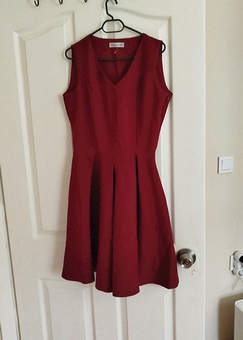Bordo V Yaka Pilili Midi Elbise