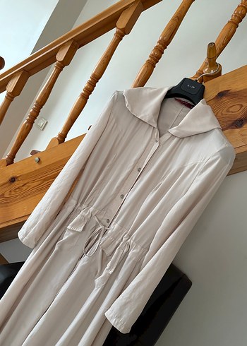 Bej Uzun Kollu Bol Kesim Kadın Elbisesi - Görsel 10