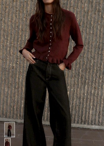 Bordo Düğmeli Uzun Kollu Kadın Hırka - Görsel 2