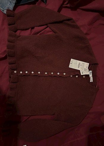 Bordo Düğmeli Uzun Kollu Kadın Hırka - Görsel 3