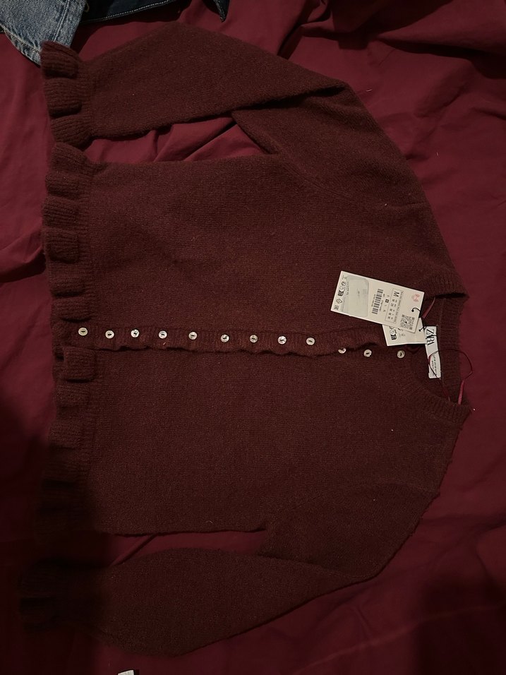 Bordo Düğmeli Uzun Kollu Kadın Hırka - Görsel 3