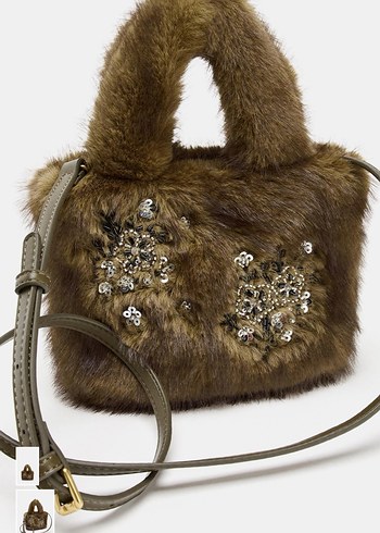 Kahverengi Kürklü Nakışlı Kadın Çanta - Görsel 2
