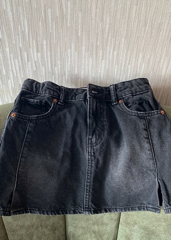 Düğmeli Siyah Denim Mini etek