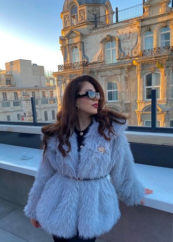 Gri suni kürk peluş ceket - Görsel 6