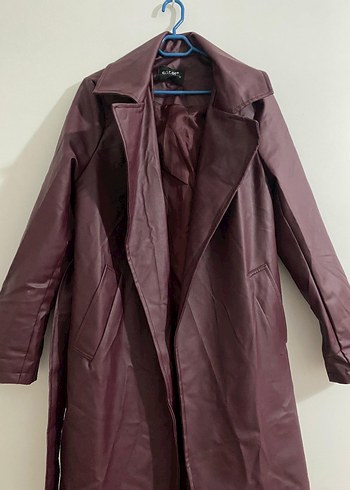 Bordo Deri Kadın Uzun Trençkot - Görsel 4