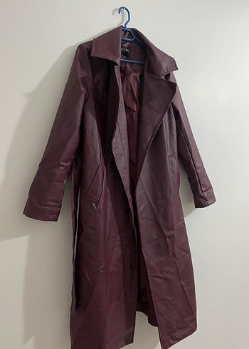 Bordo Deri Kadın Uzun Trençkot - Görsel 3