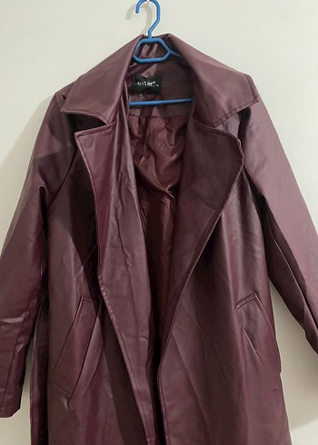 Bordo Deri Kadın Uzun Trençkot - Görsel 5