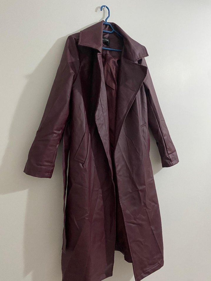 Bordo Deri Kadın Uzun Trençkot - Görsel 3