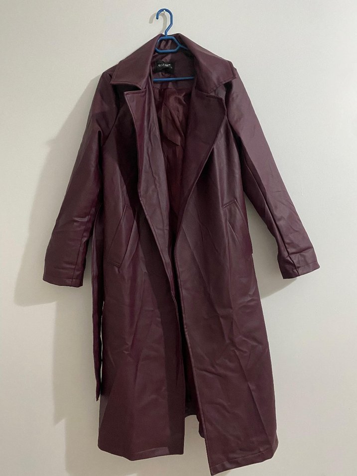 Bordo Deri Kadın Uzun Trençkot - Görsel 2