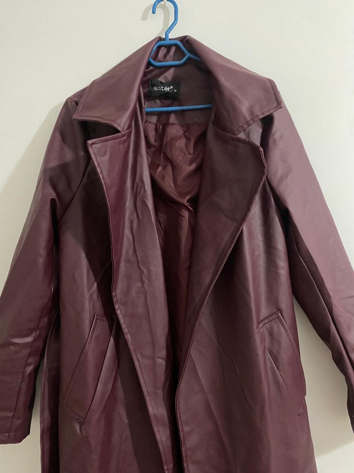 Bordo Deri Kadın Uzun Trençkot - Görsel 5