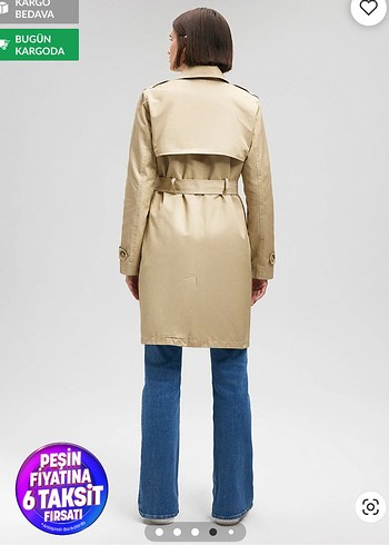 Bej Midi Trençkot, Kemerli, Regular Fit - Görsel 2