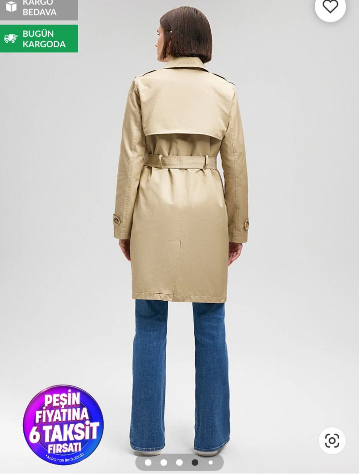 Bej Midi Trençkot, Kemerli, Regular Fit - Görsel 2