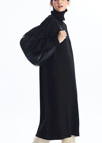 Siyah  Uzun Kollu Yüksek Yakalı Elbise - Görsel 2