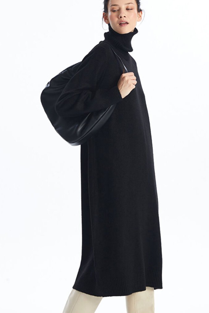 Siyah  Uzun Kollu Yüksek Yakalı Elbise - Görsel 2