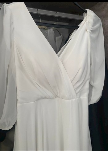 Beyaz Drapeli V Yaka Uzun  Abiye Elbise - Görsel 3