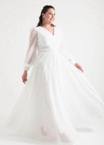 Beyaz Drapeli V Yaka Uzun  Abiye Elbise - Görsel 2