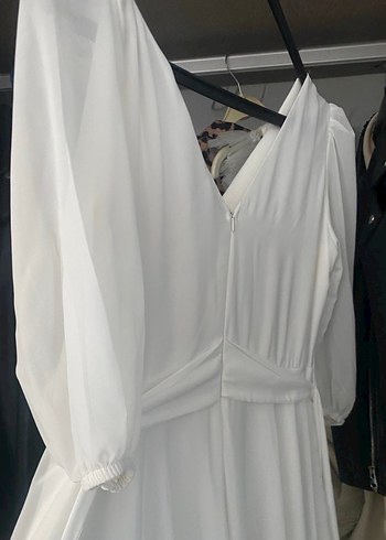 Beyaz Drapeli V Yaka Uzun  Abiye Elbise - Görsel 4