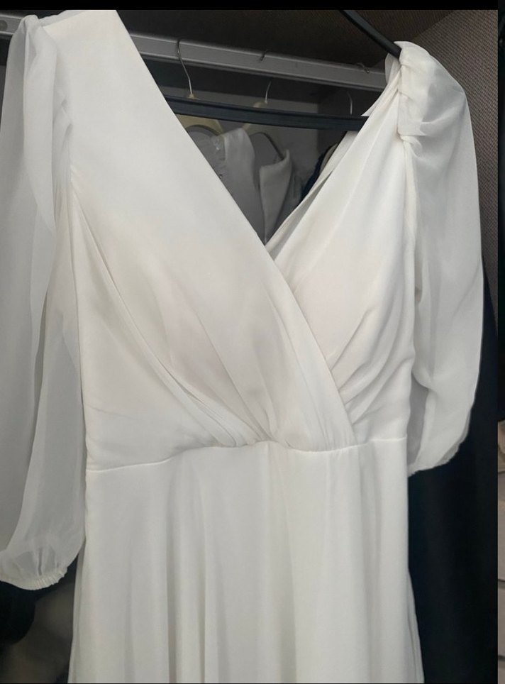 Beyaz Drapeli V Yaka Uzun  Abiye Elbise - Görsel 3