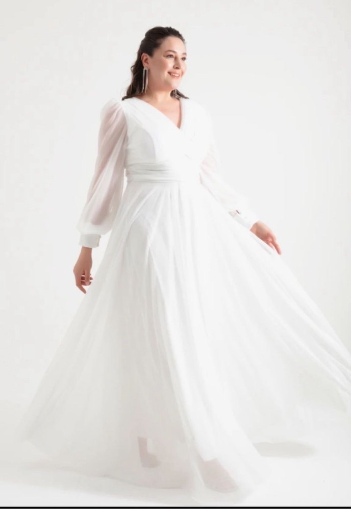 Beyaz Drapeli V Yaka Uzun  Abiye Elbise - Görsel 2