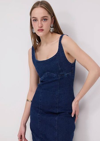 s Beden lacivert Renk Kadın Lacivert Uzun Kot Elbise