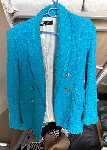 Zara Canli Turkuaz Dokulu Blazer Ceket
