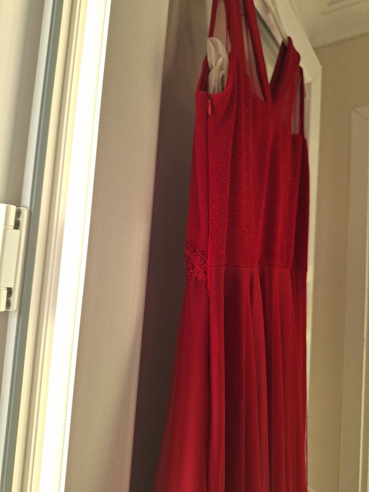 Kırmızı V Yaka Uzun Drapeli Kadın Abiye - Görsel 3