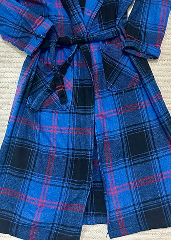 Kadın Mavi Uzun Ekose Desenli ceket - Görsel 3