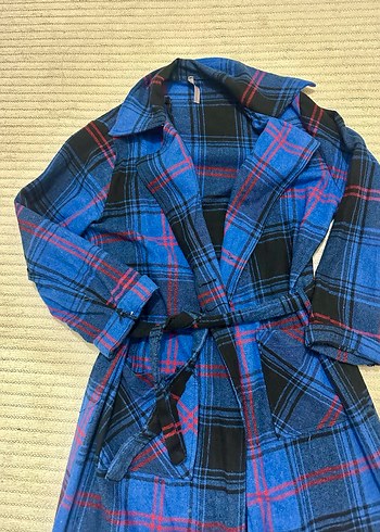 Kadın Mavi Uzun Ekose Desenli ceket - Görsel 2