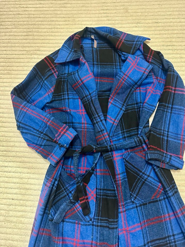 Kadın Mavi Uzun Ekose Desenli ceket - Görsel 2