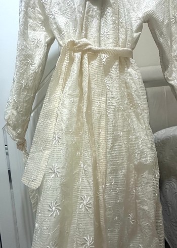 Nakışlı Beyaz Uzun Keten Elbise - Görsel 3