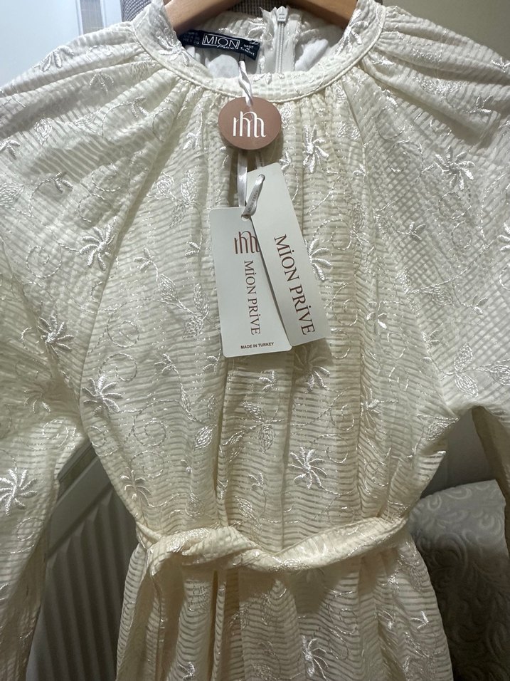 Nakışlı Beyaz Uzun Keten Elbise - Görsel 4