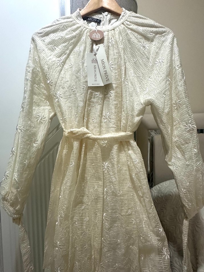 Nakışlı Beyaz Uzun Keten Elbise - Görsel 2