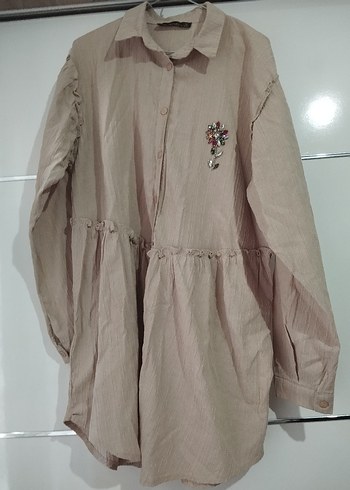 Bej Nakışlı Uzun Kollu tunik