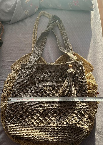 Nakışlı Bej Örgü Bohem Kadın Çanta - Görsel 7
